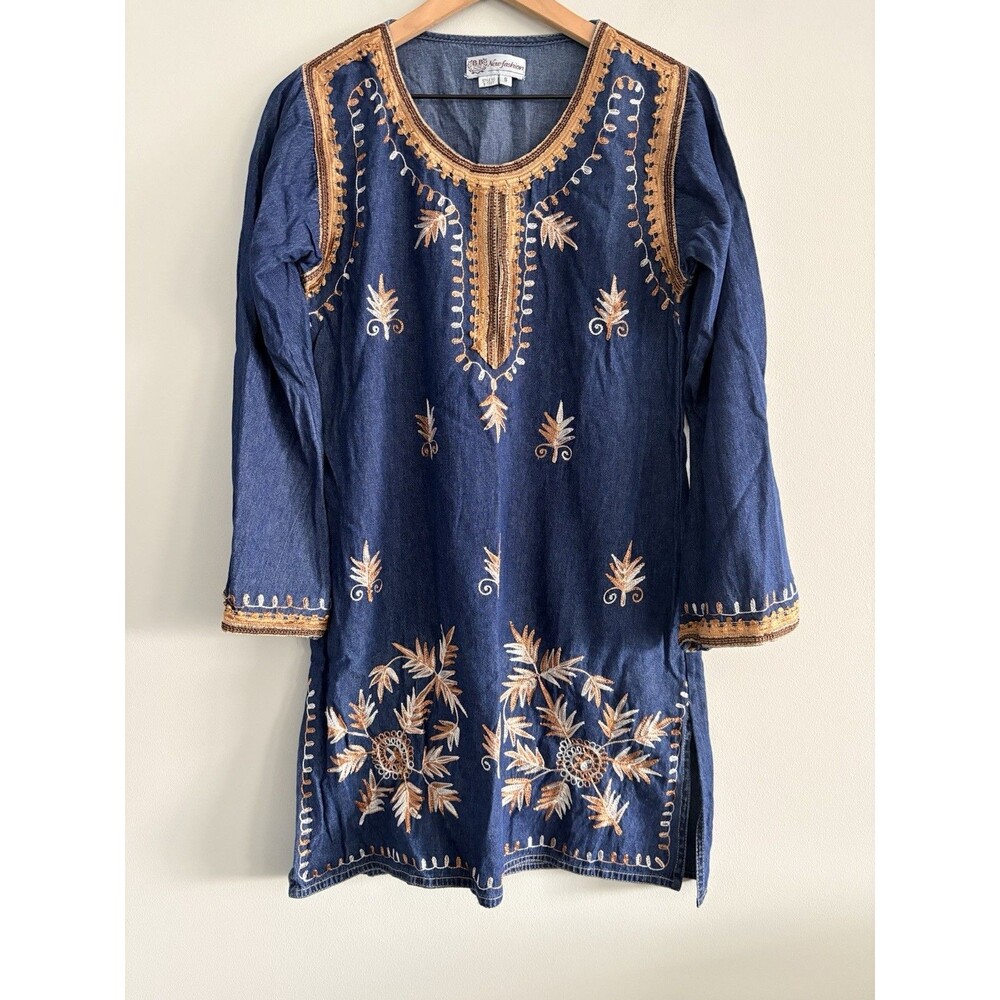 BB New Fashion Embroidered Denim Dress Tunic Top Women's Small Boho